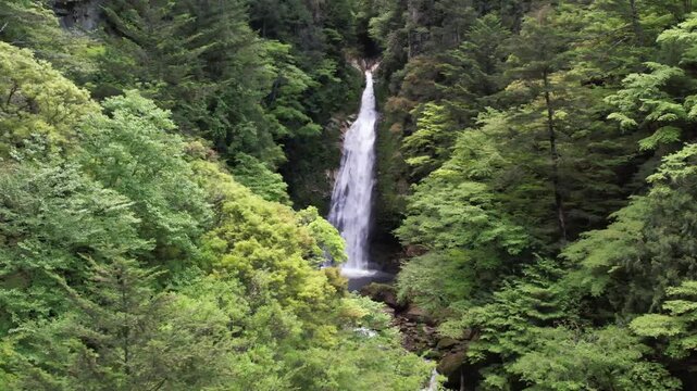 Beautiful cinematic drone footage of Sasa no Taki waterfall in Nara Prefecture, Japan. Filmed from a slightly distant aerial position, the camera slowly moves sideways to reveal the full scale and dra