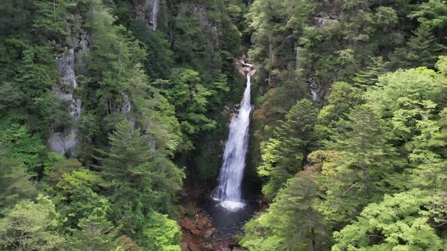 Cinematic aerial footage of the majestic Sasa no Taki waterfall located in Nara Prefecture, Japan. Captured with a drone, the video gradually pulls away from above the waterfall to reveal the full sca