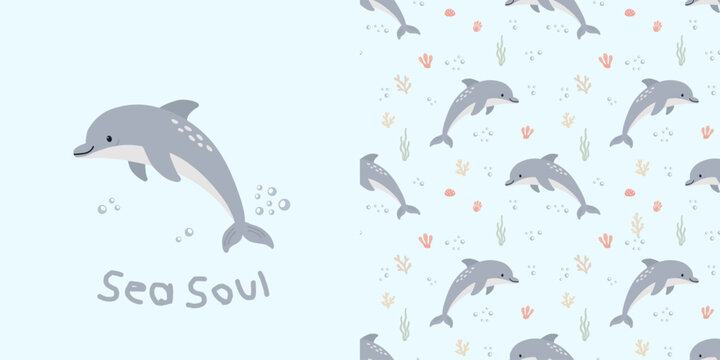 Dolphin greeting card and seamless pattern with coral branches and seaweed on soft pastel background. Ocean theme for kids clothing nursery fabric wallpaper and wrapping paper