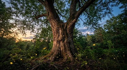 Fototapeta premium Majestic ancient tree in a forest at twilight with glowing fireflies