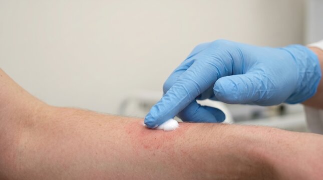 Doctor in Blue Gloves Applying Healing Ointment to Patient's Inflamed Red Rash