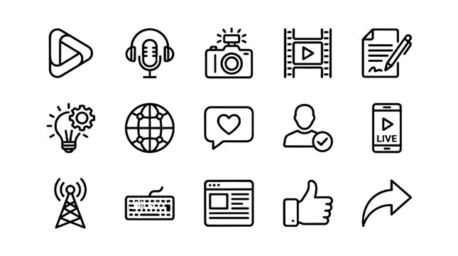 Content creator line icon set with media and social symbols