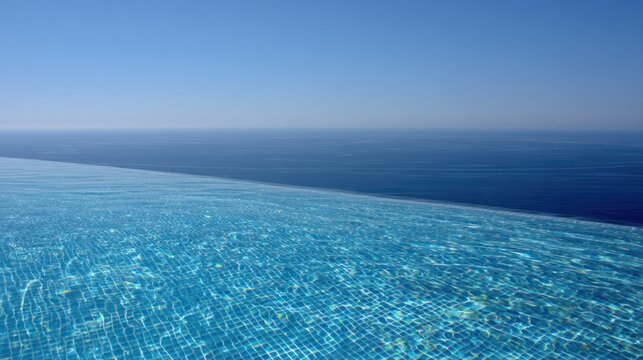 Borderless blue water surface merges seamlessly with the distant ocean horizon under a clear sky