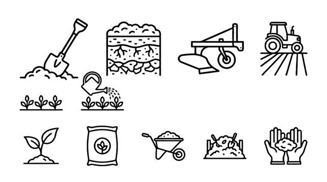 Soil and farming line icon set with cultivation symbols