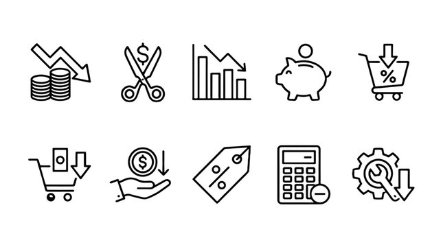Cost reduction line icon set with savings and discount symbols