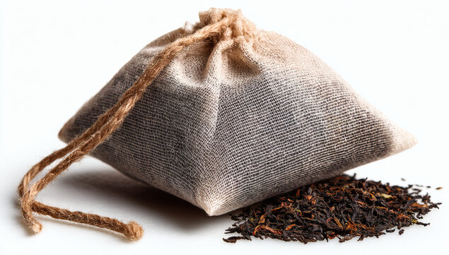 A brown tea bag with loose leaf tea.