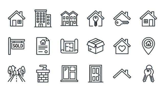 House and real estate line icon set with home symbols