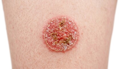 Fototapeta premium Circular Scaly Red Lesion Indicating Nummular Eczema or Ringworm Infection