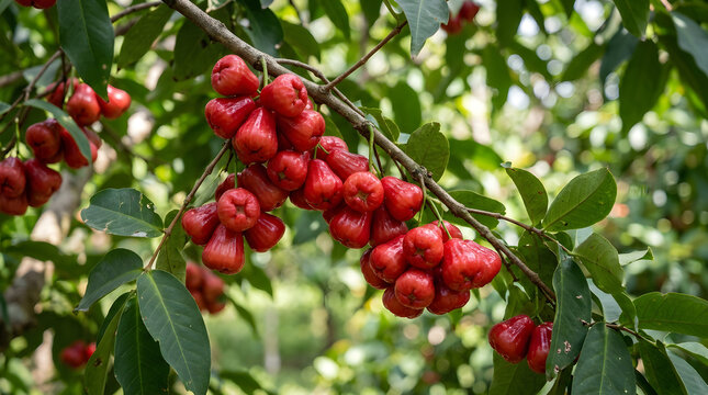 Cluster of Ripe Red Wax Apples on Tree