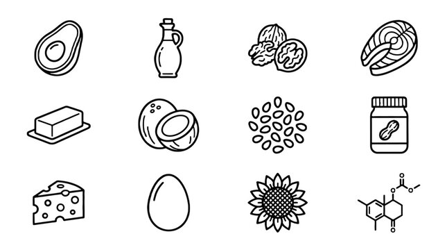 Fats food outline icon set with oils, nuts, seeds and dairy