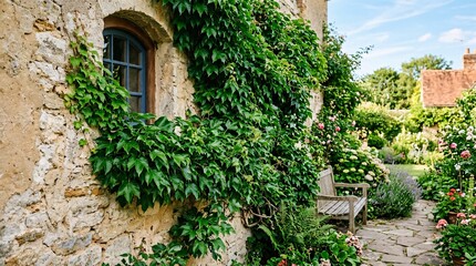 Fototapeta premium A serene garden scene with lush green plants climbing a stone wall and a wooden bench on a sunny day