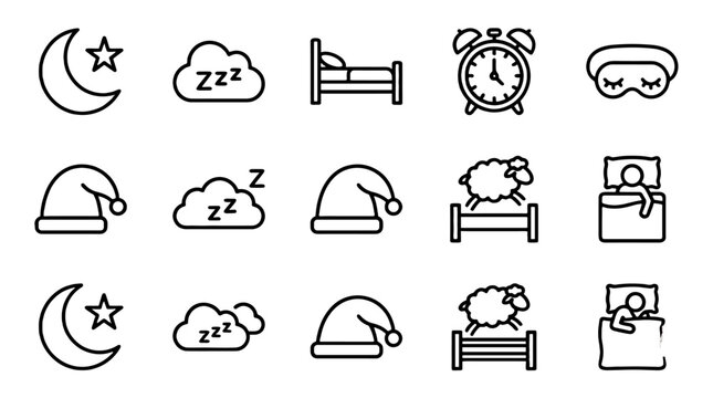 Sleep and bedtime outline icon set with moon bed and alarm clock