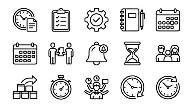 Time management line icon set with calendar and clock symbols