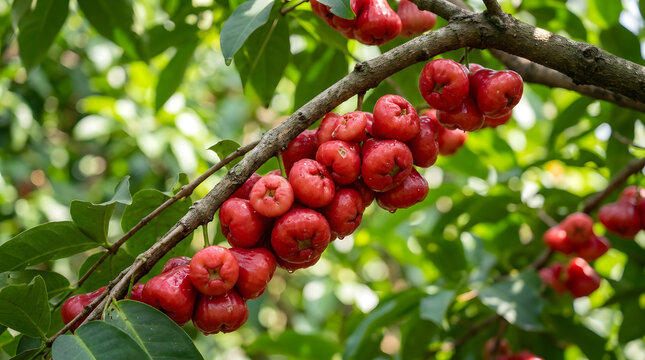 Cluster of Ripe Red Wax Apples on Tree