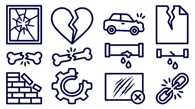 Damage and breakage outline icon set with cracked objects