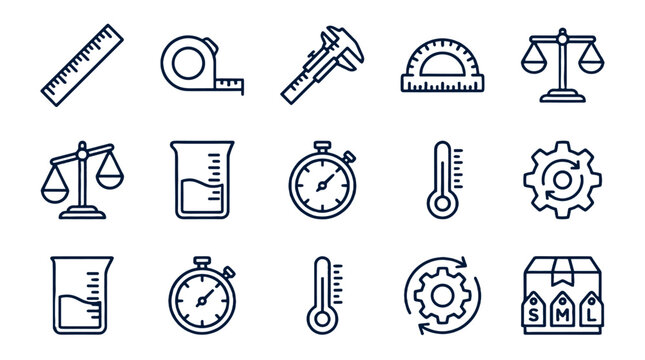 Measurement and laboratory line icon set with tools and symbols