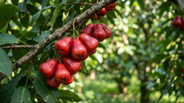 Cluster of Ripe Red Wax Apples on Tree