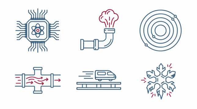 Minimalist line art vector icon set depicting technology, industry, science, and nature concepts in a clean, modern graphic style.