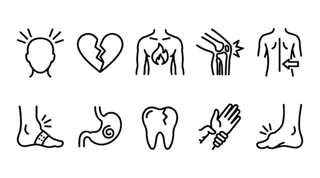 Body pain and injury line icon set on white background