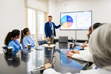 Medical professionals analyzing charts and graphs during a business discussion, planning strategies for healthcare management and services © Koldo_Studio