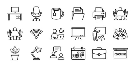 Office and workspace line icon set with desk meeting and tools © Alan