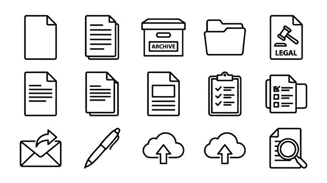 Document and office file outline icon set in black line style
