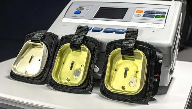 Defibrillator paddles resting in holsters on the main unit with display and controls, ready for emergency cardiac care