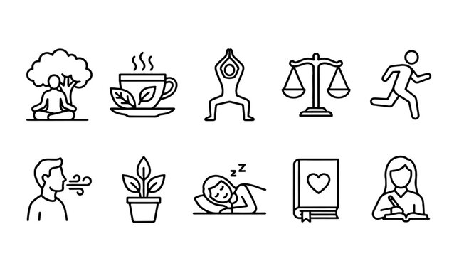 Stress management line icon set with wellness activity symbols
