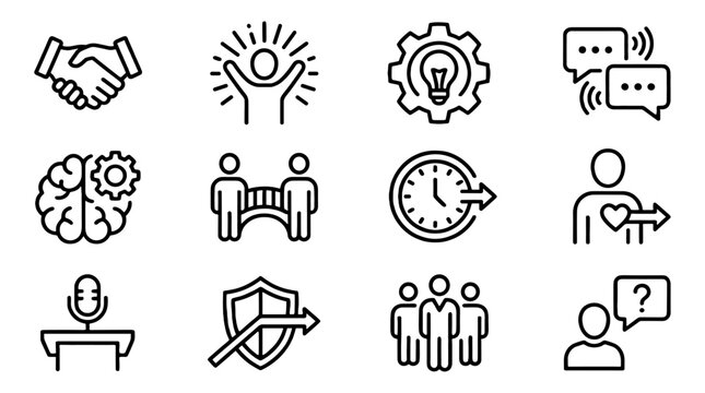 Soft skills line icon set with communication and teamwork symbols