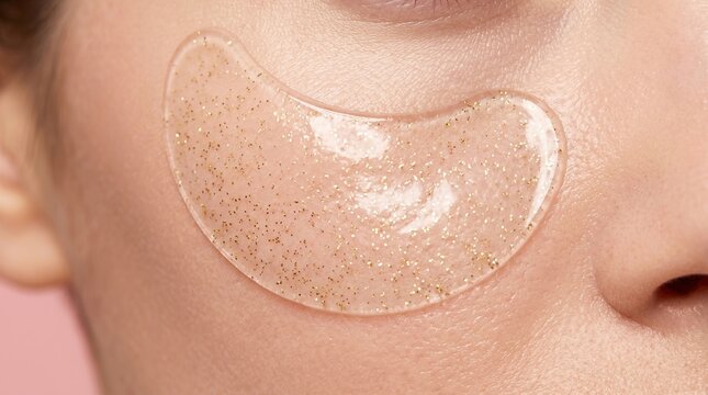 Macro View of Golden Hydrogel Eye Patch Applied on Woman's Face for Anti-Aging