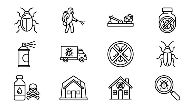 Pest control line icon set with bugs, spray and house symbols
