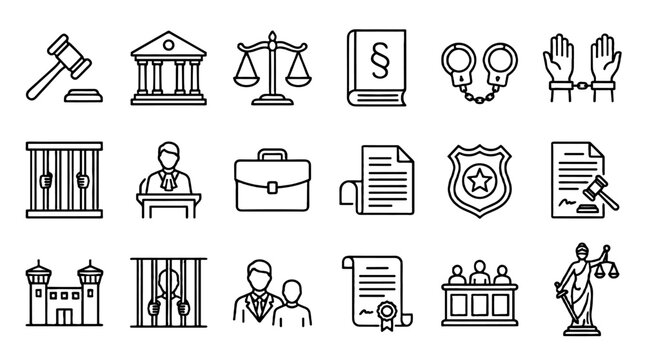 Law and justice line icon set with court and prison symbols