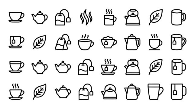 Tea drink and teapot outline icon set in editable stroke style