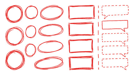 Obraz na płótnie Canvas Hand drawn red circle, oval and rectangle frame set