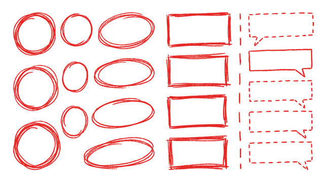 Hand drawn red circle, oval and rectangle frame set
