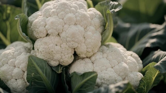 Fresh cauliflower head nestled in green leaves under soft sunlight with natural texture and gentle organic freshness