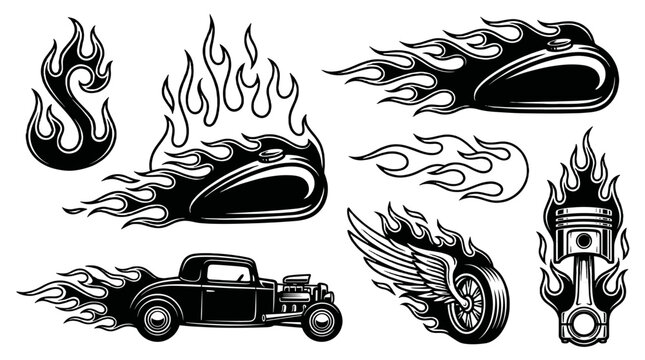 Classic flame and hot rod silhouette vector set