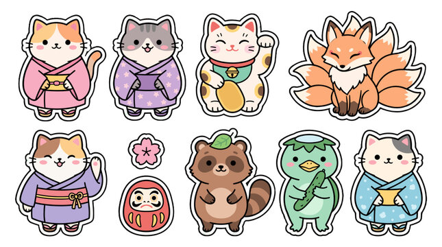 Cute cartoon sticker set with cats, fox, raccoon and kappa