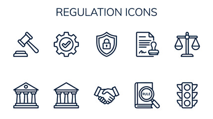 Regulation line icon set with legal and compliance symbols © Alan