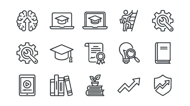Upskilling and online learning line icon set