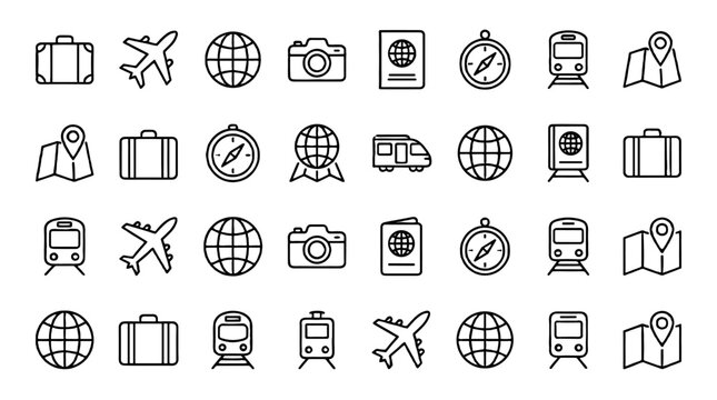 Travel line icon set with luggage airplane map passport and train