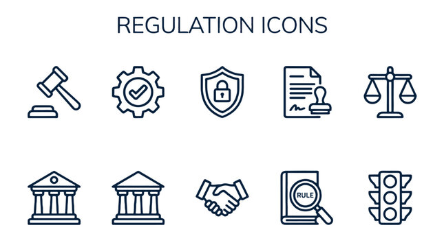 Regulation line icon set with legal and compliance symbols