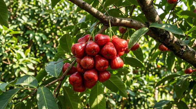 Cluster of Ripe Red Wax Apples on Tree