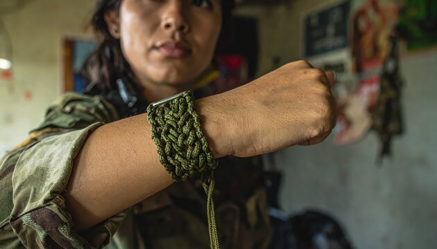 Close-up view of a tightly woven olive drab paracord survival bracelet on a soldier's wrist