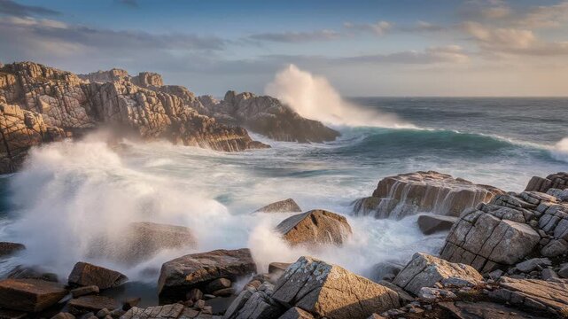 Dramatic coastal ocean waves crashing against rugged rock cliffs with wind swept spray and golden sunset light evoking awe