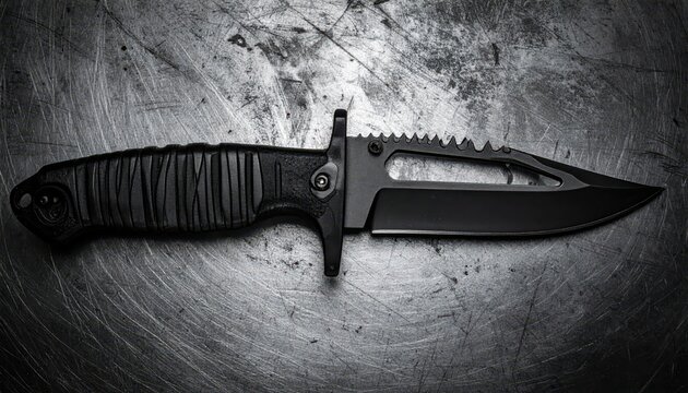 Detailed macro shot of a black coated tactical knife featuring sharp serrations and a tanto point on a textured metallic background