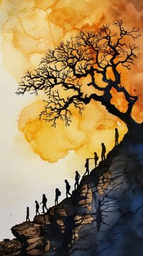 A Close-up Shot of a Watercolor silhouettes of a bustling cityscape with overlapping colors