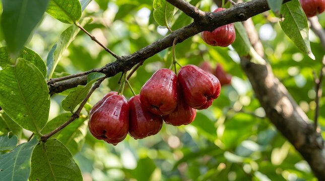 Cluster of Ripe Red Wax Apples on Tree