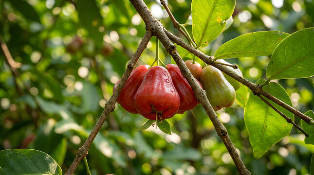 Ripe Rose Apples Hanging on Tropical Tree