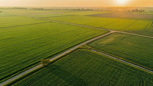 Green farmland sunset aerial drone landscape with intersecting dirt road lone tree casting long shadow over rural crop fields